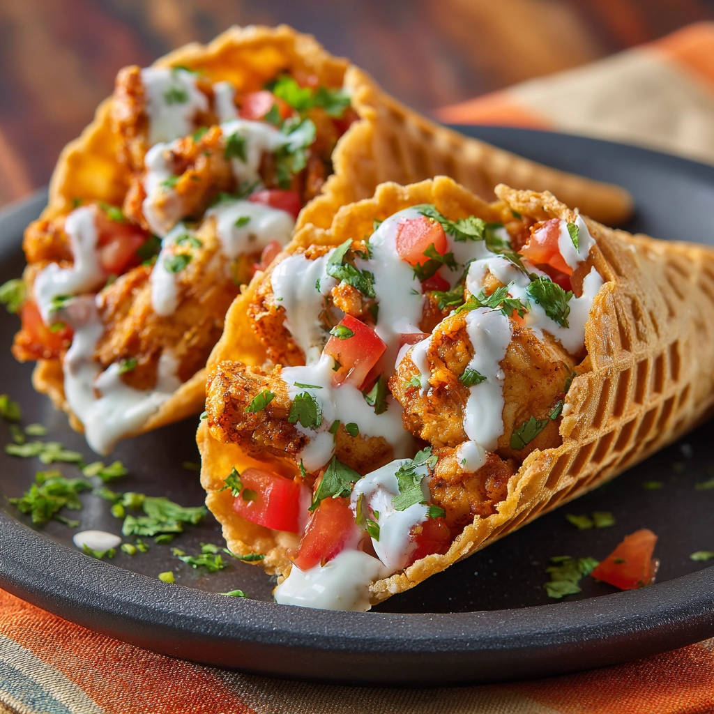 Hähnchen-Waffel-Cones nahaufnahme garniert mit Tomaten und Koriander auf einem Teller serviert