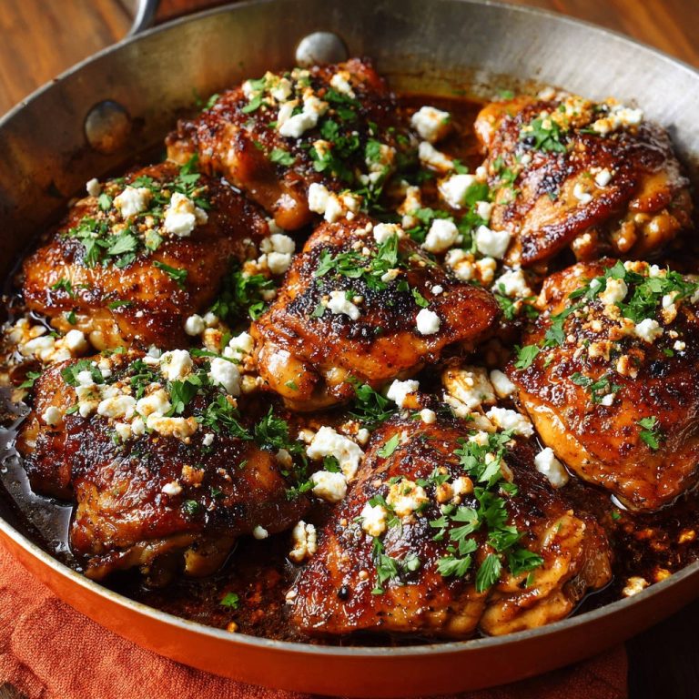 Hähnchenschenkel aus der Pfanne mit Feta, saftig in einer Pfanne mit Feta und Petersilie garniert