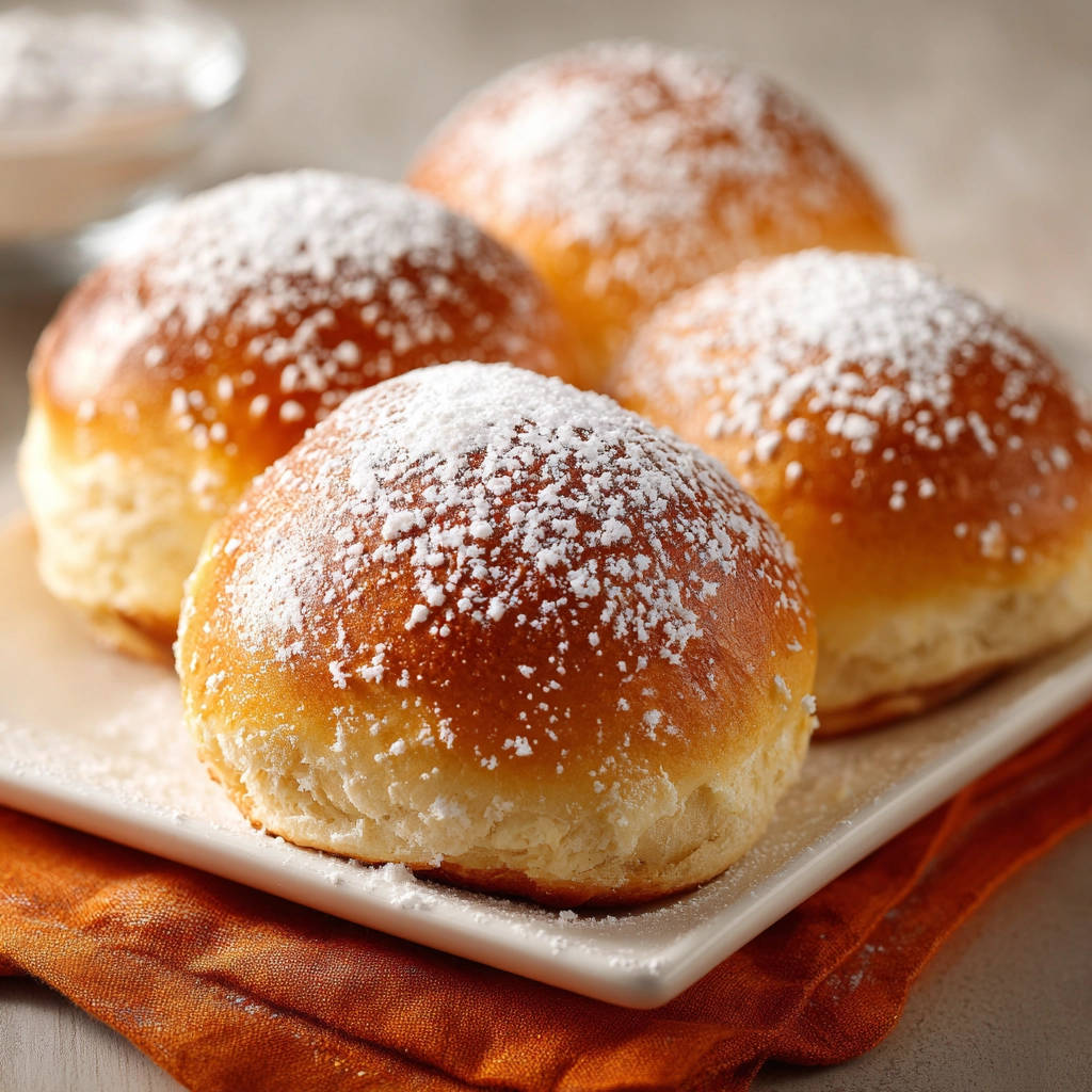Einfache Hefebrötchen, bestäubt mit Puderzucker, auf einem weißen Teller mit einem orangen Tuch serviert.