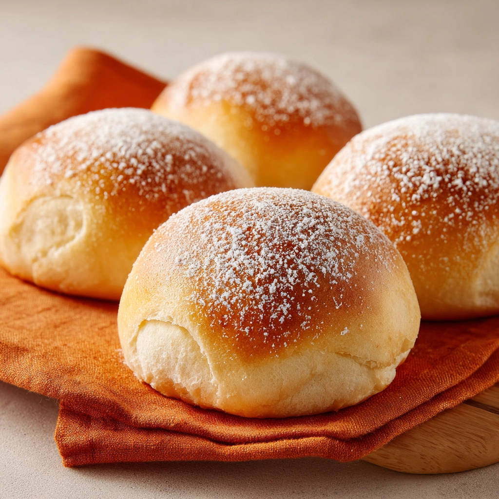 Einfache Hefebrötchen bestäubt mit Puderzucker auf einem orangefarbenen Tuch, frisch gebacken und fluffig.