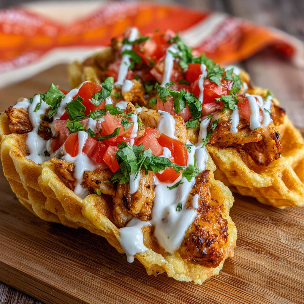 Hähnchen-Waffel-Cones garniert mit Tomaten, Koriander und einer cremigen Sauce auf einem Holzbrett