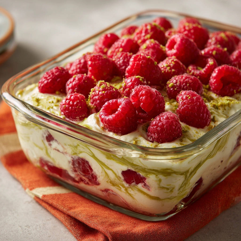 Himbeer-Pistazien-Schichtdessert mit frischen Himbeeren und gehackten Pistazien garniert in einer Glasschale.