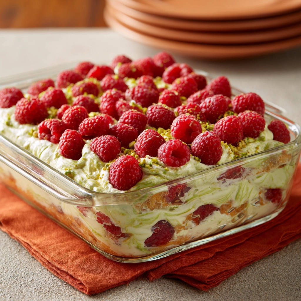 Himbeer-Pistazien-Schichtdessert in einer Glasform mit frischen Himbeeren und Pistazien garniert, Nahaufnahme