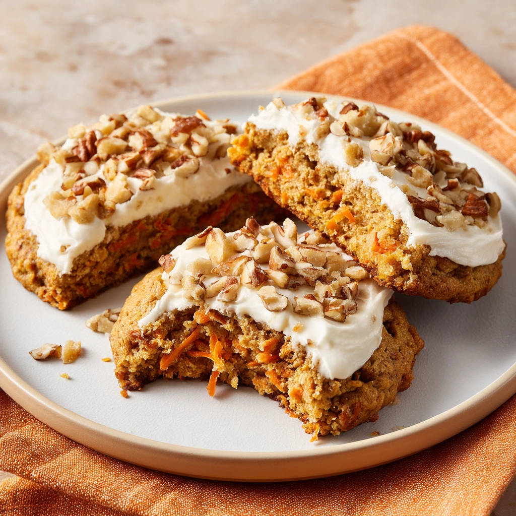 Saftige Karottenkuchen-Kekse mit Frischkäse-Frosting und gehackten Nüssen, ein Keks ist angeschnitten und zeigt den saftigen Karottenkuchen.