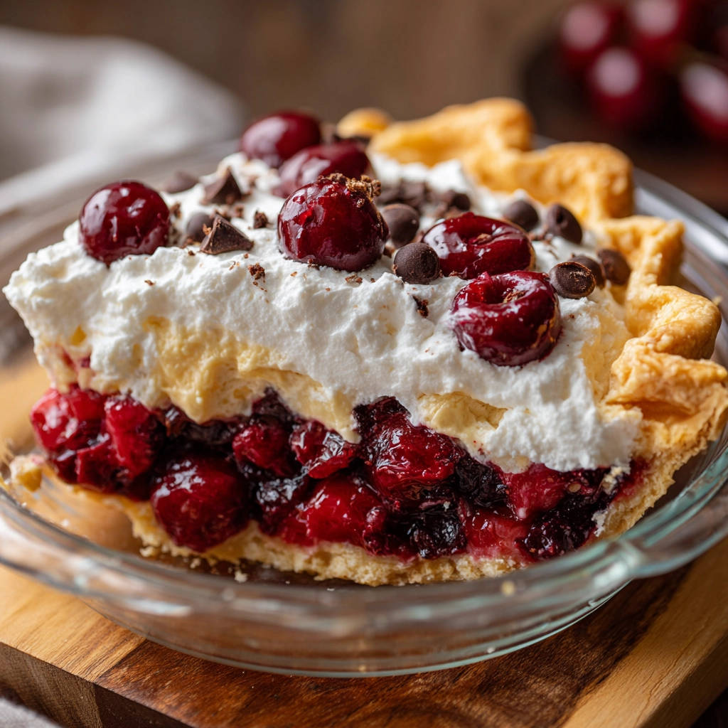 Kirsch-Creme-Torte angeschnitten, Nahaufnahme mit Kirschen, Sahne und Schokoladenstückchen auf dem Tortenboden.
