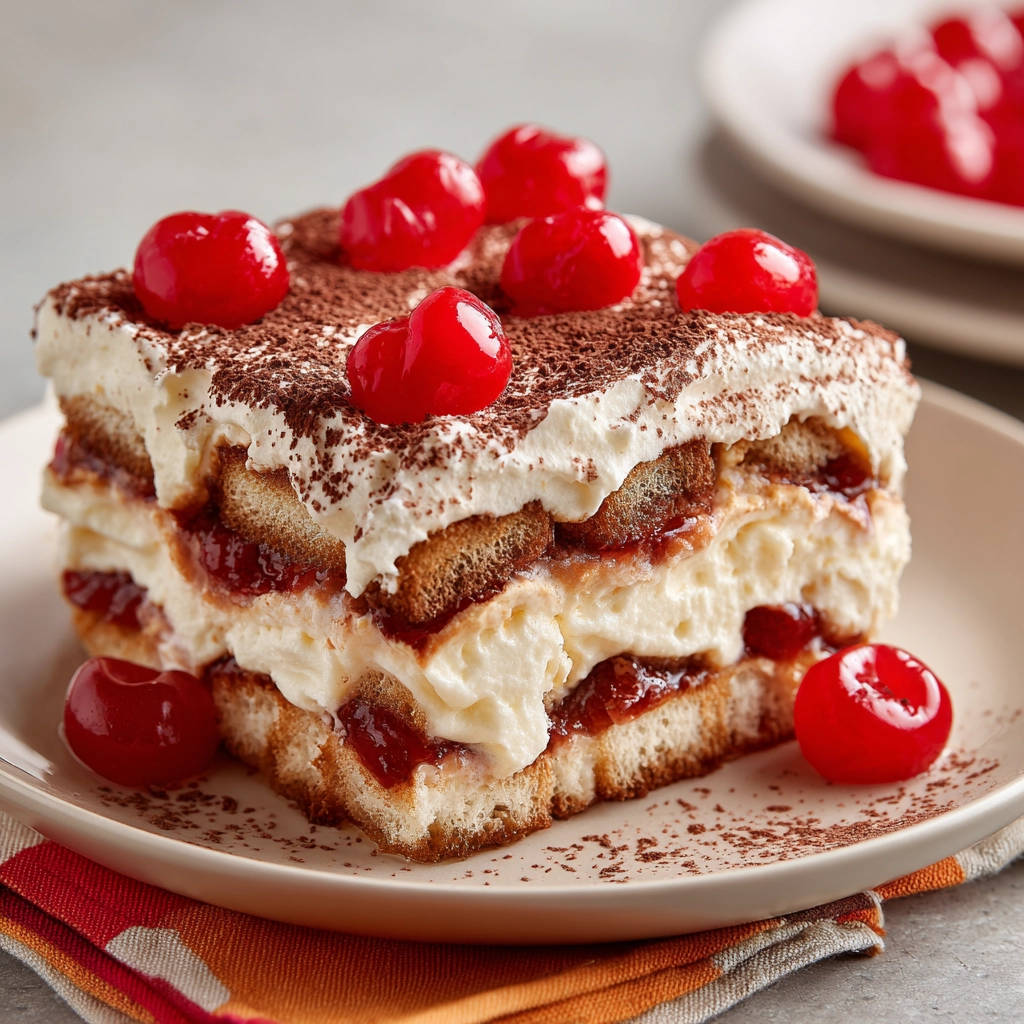 Kirsch-Tiramisu angeschnitten auf einem Teller, garniert mit Sahne, Kirschen und Kakaopulver