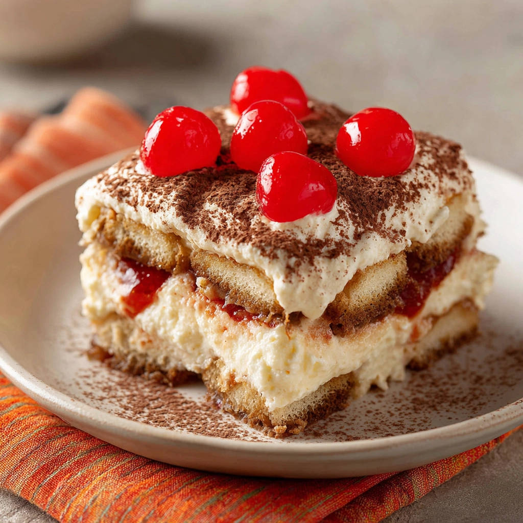 Kirsch-Tiramisu als angeschnittene Portion, garniert mit Kirschen und Kakaopulver auf einem Teller.