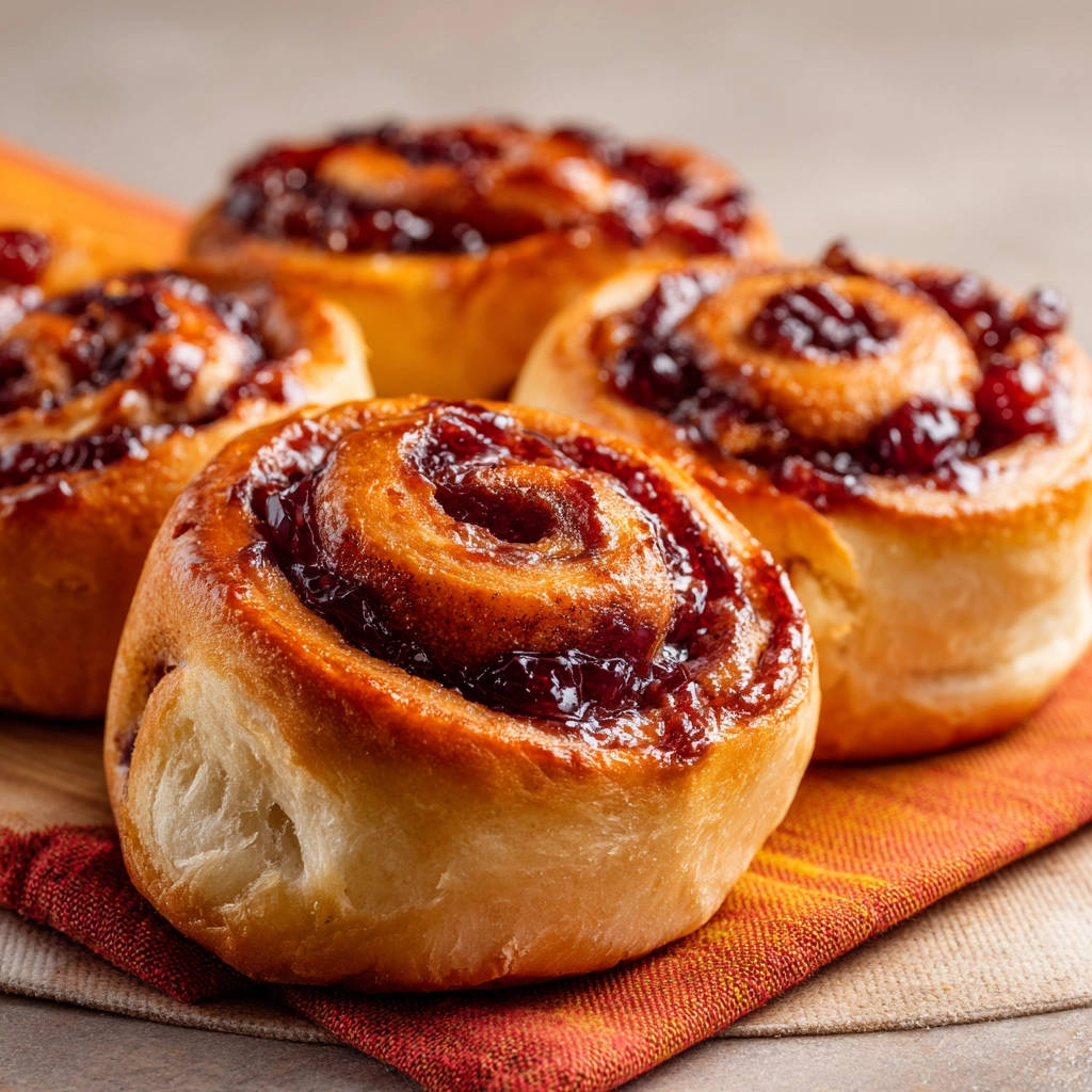 Kirsch-Zimtschnecken mit glasiertem Kirschbelag, nahaufnahme des fluffigen Hefeteigs und der Füllung.