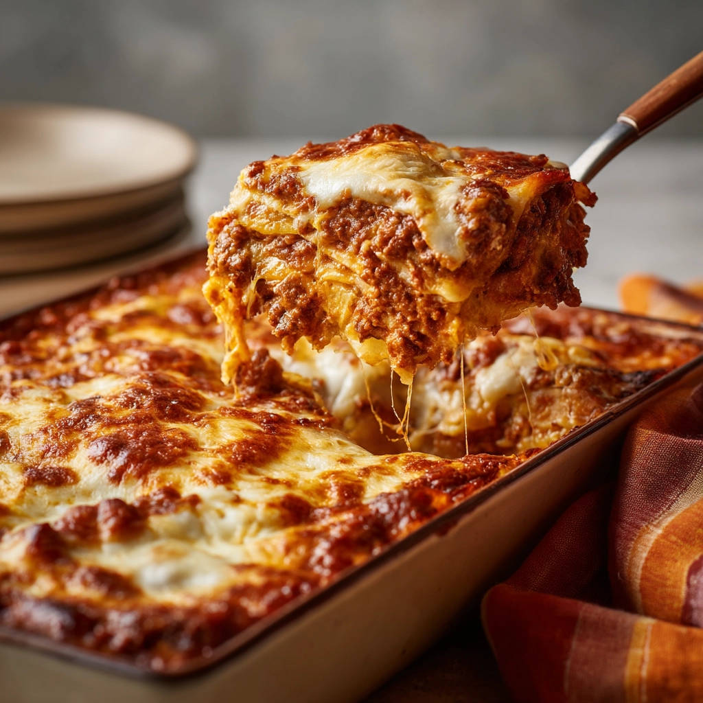 Klassische Lasagne Bolognese angeschnitten mit Käsefäden, die beim Servieren auseinandergezogen werden.