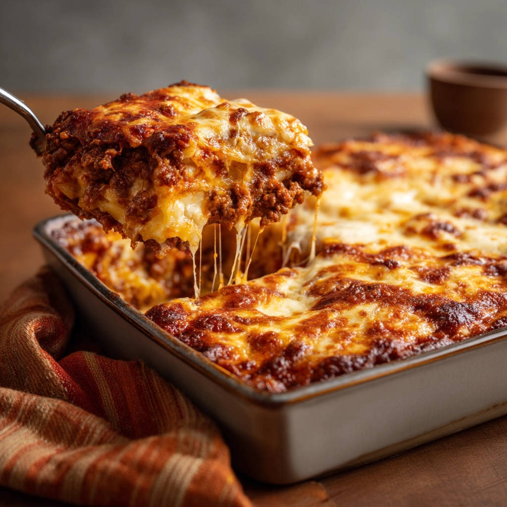 Klassische Lasagne Bolognese angeschnitten mit zart schmelzendem Käse, die die Schichten zeigt.