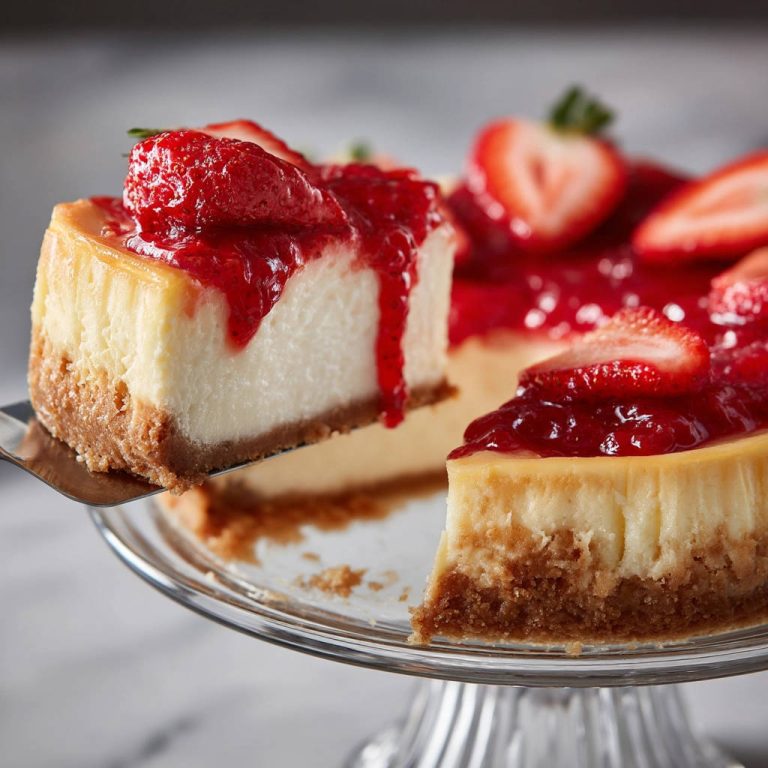 Klassischer Käsekuchen angeschnitten mit Erdbeersosse, der ein Stück auf einem Tortenheber zeigt.