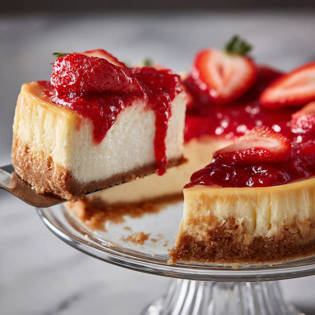 Klassischer Käsekuchen angeschnitten mit Erdbeersosse, der ein Stück auf einem Tortenheber zeigt.