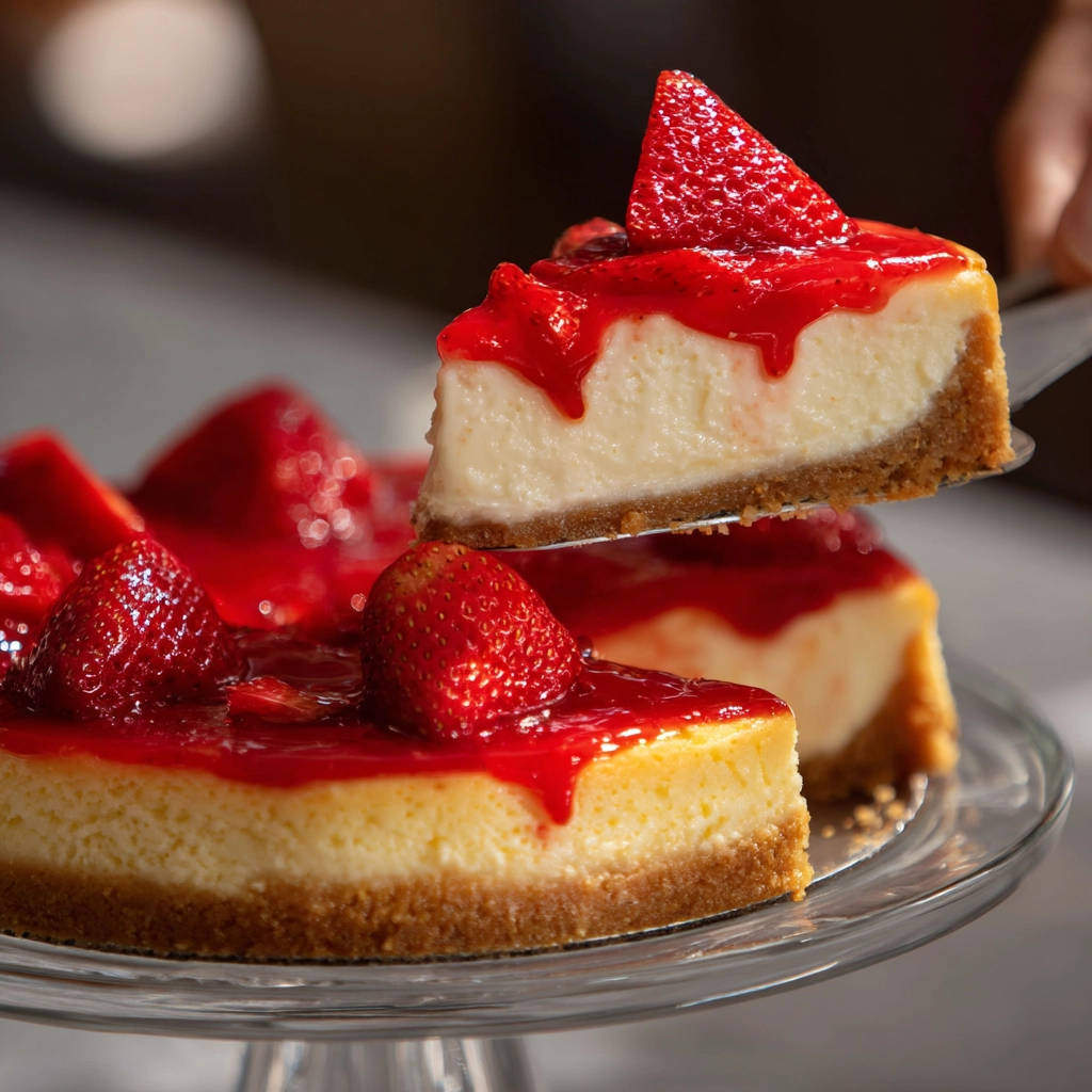 Klassischer Käsekuchen angeschnitten mit Erdbeeren und Erdbeersauce, die auf dem cremigen Inneren und dem Keksboden wunderschön zur Geltung kommt.
