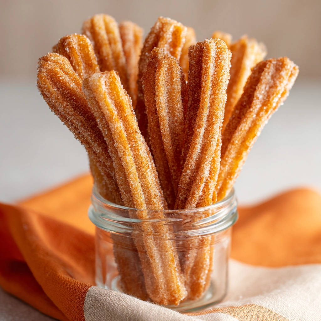 Knusprige Churros in einem Glas mit Zucker bestreut, Nahaufnahme der einzelnen Stangen.