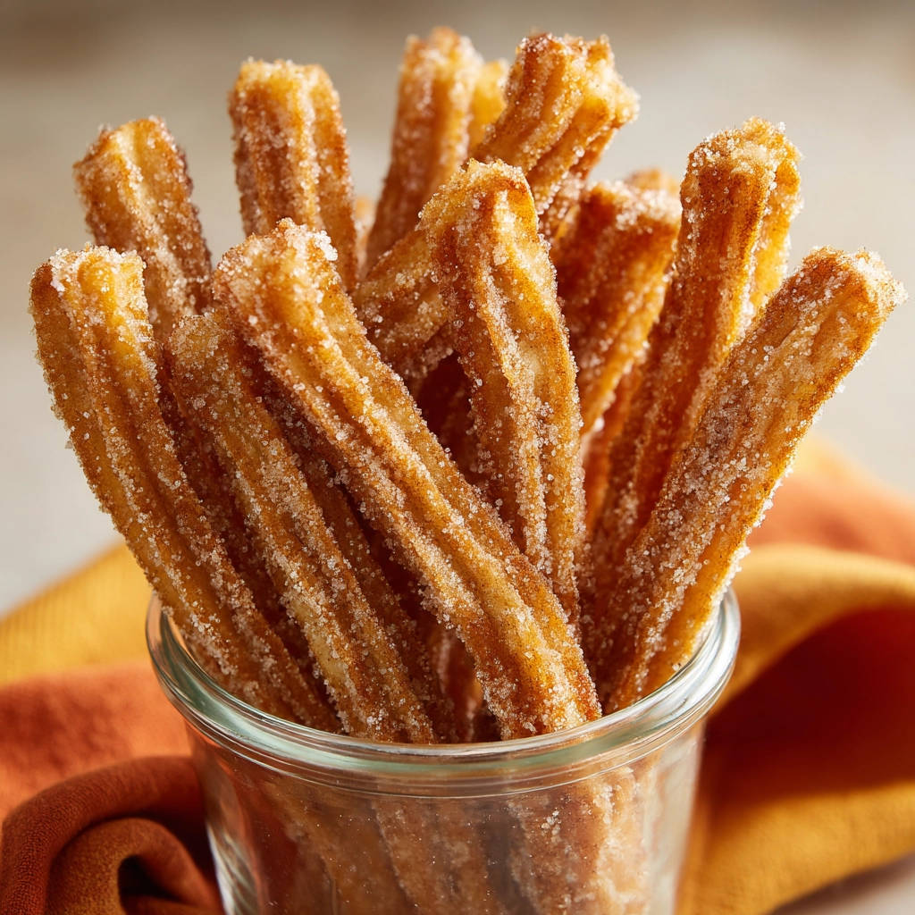 Knusprige Churros mit Zucker und Zimt, perfekt gebacken und in einem Glas serviert, Nahaufnahme der Textur.