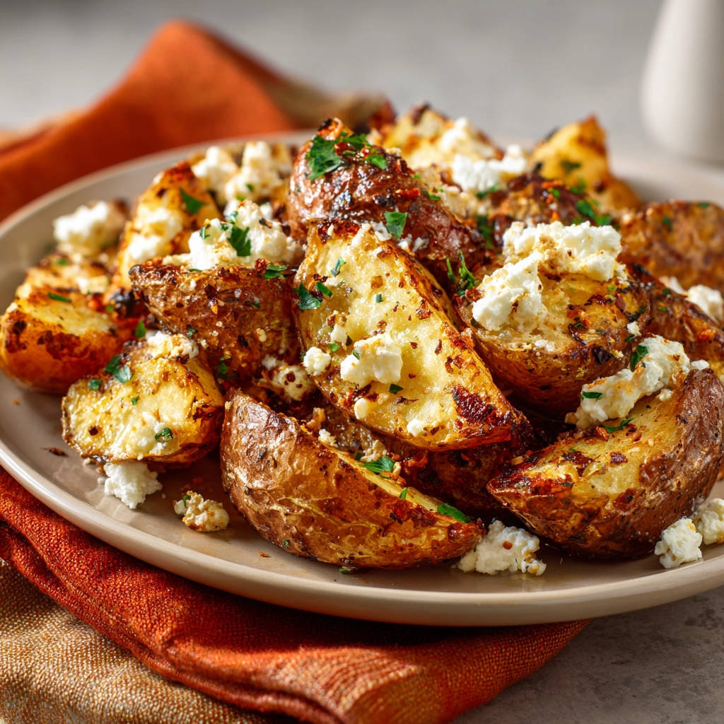 Knusprige Kartoffelspalten mit Feta, detailreich garniert mit frischer Petersilie und zerbröseltem Feta-Käse auf einem Teller.