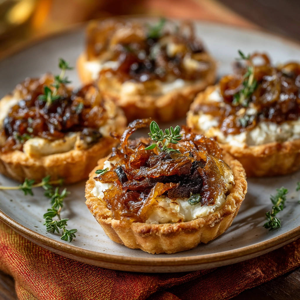Knusprige Ziegenkäse-Zwiebel-Törtchen mit frischem Thymian garniert auf einer Servierplatte.