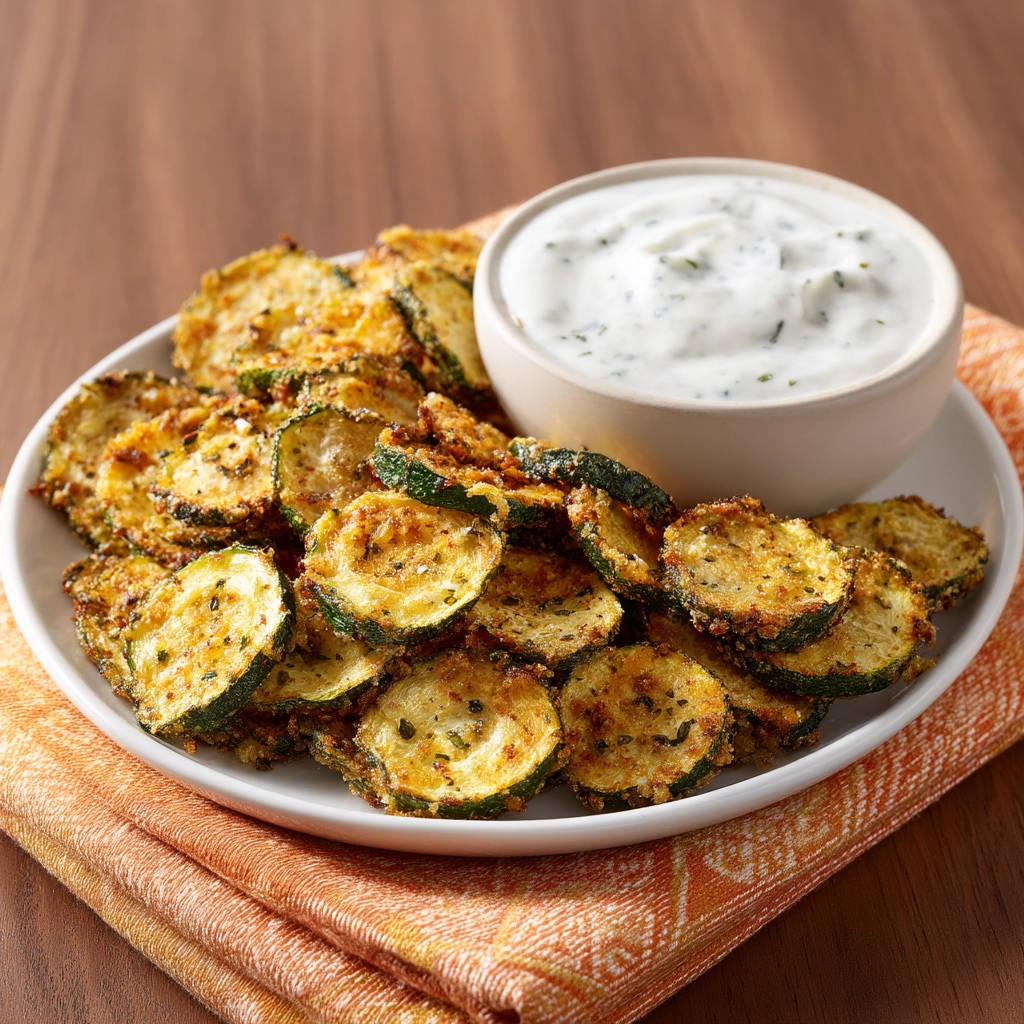 Knusprige Zucchini Chips werden mit einem cremigen Dip auf einem Teller serviert.