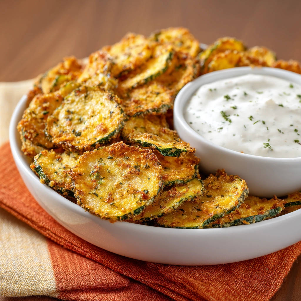 Knusprige Zucchini Chips mit Dip, serviert in einer Schüssel mit einer Nahaufnahme der panierten Ränder.
