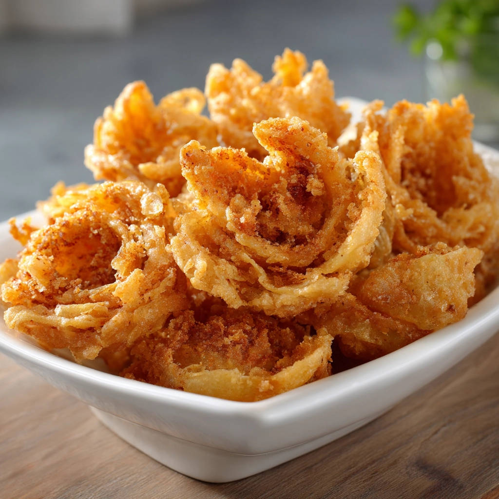 Knusprige Zwiebelstücke, die in einer weißen Schüssel appetitlich aufgefächert sind und eine goldbraune, frittierte Textur zeigen.