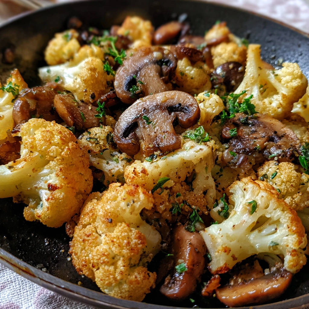 Knuspriger Blumenkohl aus der Pfanne mit gebratenen Pilzen und Kräutern in einer Nahaufnahme.