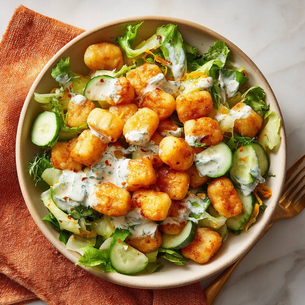 Knuspriger Kartoffel-Salat mit Gurkenscheiben und einem cremigen Dressing, Nahaufnahme der Zutaten.