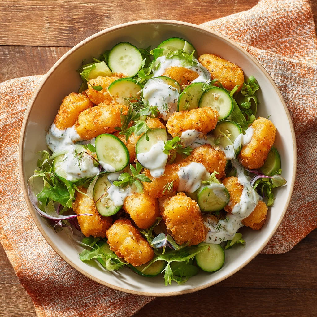 Knuspriger Kartoffel-Salat mit Gurkenscheiben und cremigem Dressing, aus der Vogelperspektive serviert.