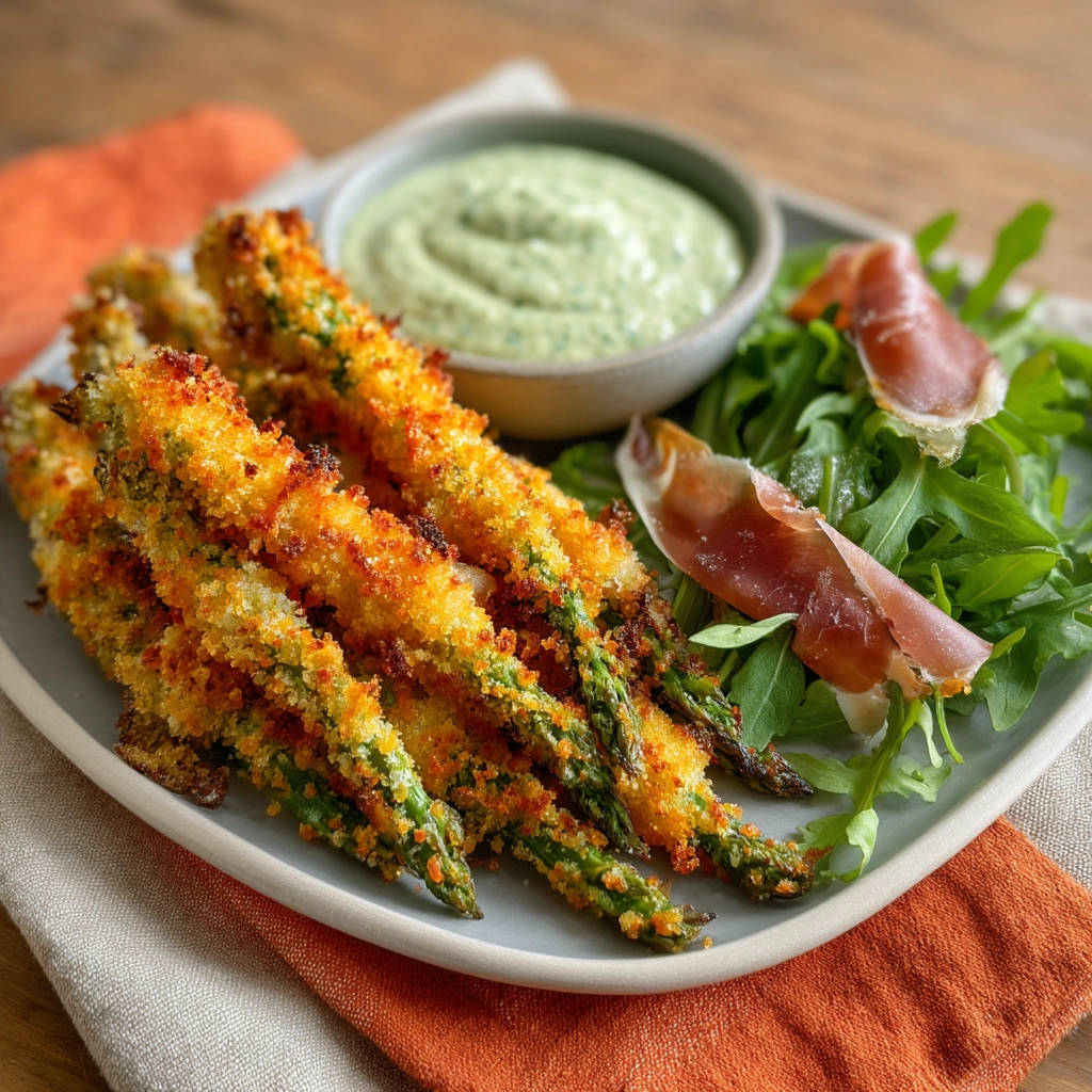 Knuspriger Spargel aus dem Ofen mit Dip und Prosciutto, auf einem Teller serviert und mit Rucola garniert.