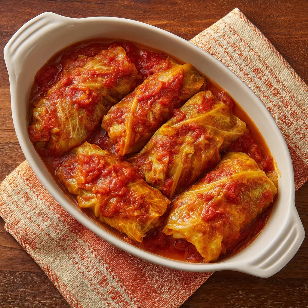 Klassische Kohlrouladen in einer Auflaufform mit Tomatensauce, die nicht zerfallen sind und appetitlich aussehen.