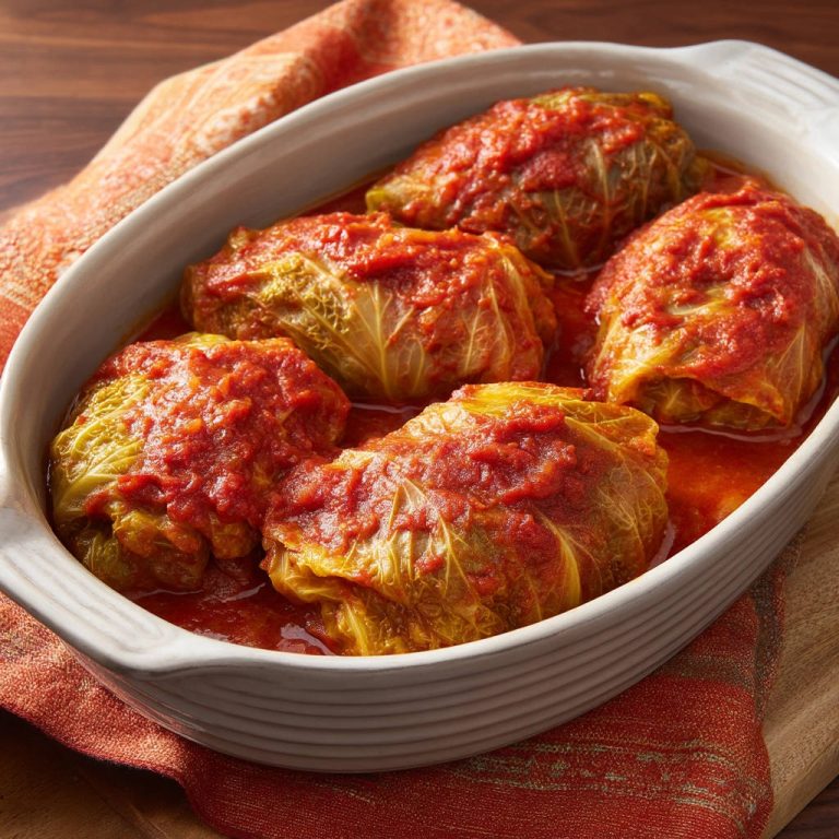Klassische Kohlrouladen in einer weißen Keramikform mit Tomatensauce, nahaufnahme des Gerichts