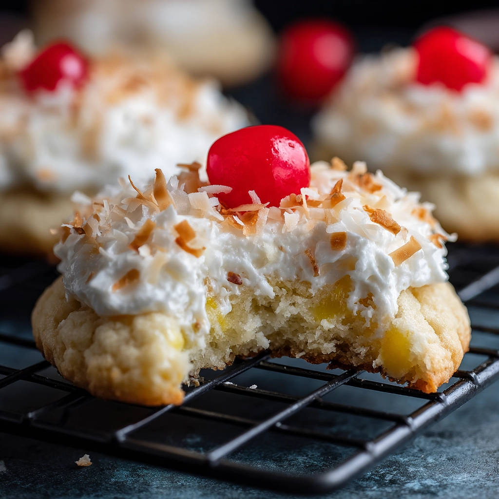 Weiche Kokos-Kirsch-Cookies angeschnitten, mit Kokosflocken und Kirschen garniert, zeigen saftigen Ananas-Kern.