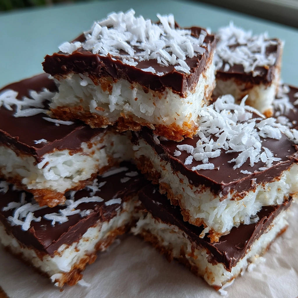 Saftige Kokos-Schoko-Schnitten angeschnitten, die die Schichten aus Kokosmasse und Schokolade zeigen.