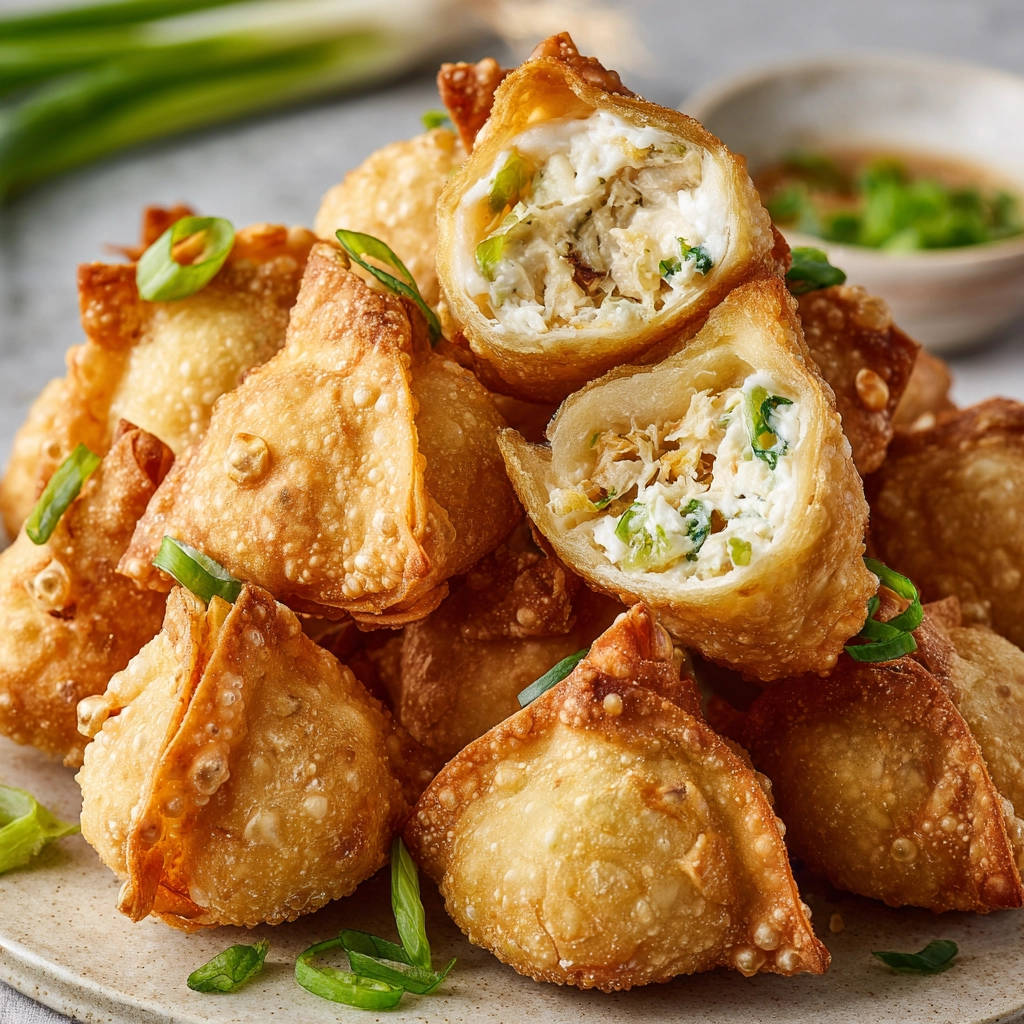 Knusprige Krabben-Wontons, angeschnitten, zeigen die cremige Füllung mit Krabbenfleisch und Frühlingszwiebeln.