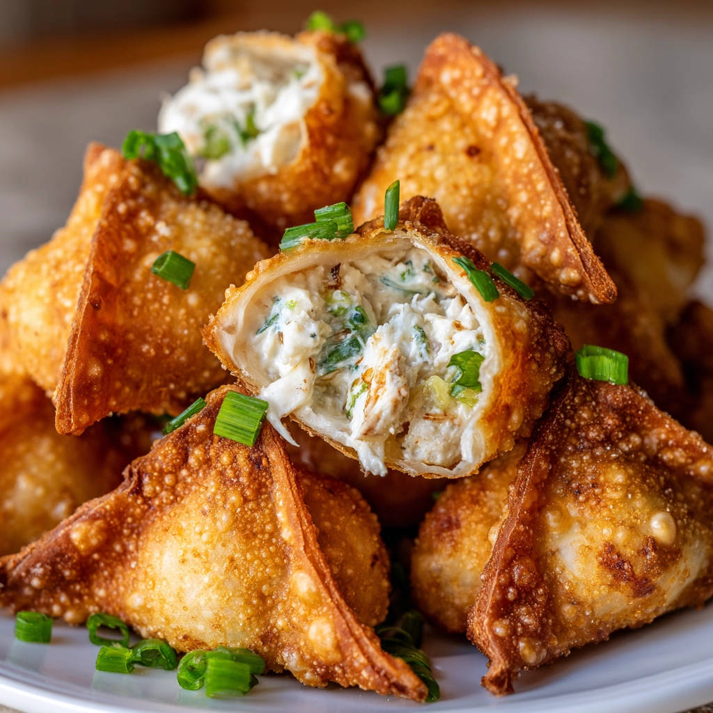 Knusprige Krabben-Wontons angeschnitten, gefüllt mit cremiger Krabbenfüllung und garniert mit Frühlingszwiebeln.