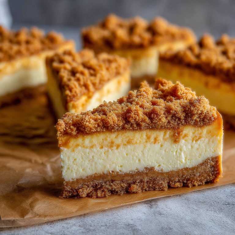 Käsekuchen mit Keksboden, Karamell und Streuseln als angeschnittene Scheibe mit detailliertem Querschnitt der Schichten.