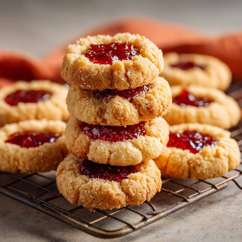 Marmeladenkekse backen: Ein Stapel frisch gebackener Kekse mit Marmeladenfüllung auf einem Gitter.