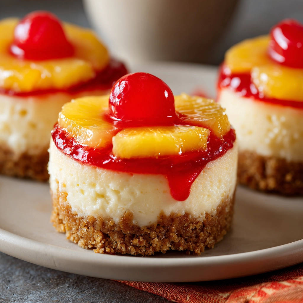 Mini Ananas-Cheesecakes mit einer roten Kirsche und Ananasstücken als Topping, nahaufnahme auf einem Teller