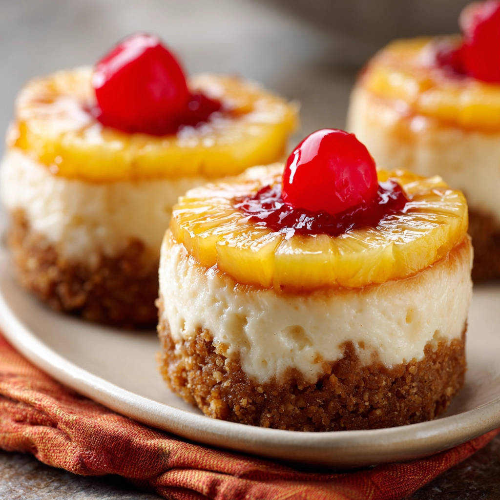 Mini Ananas-Cheesecakes, garniert mit einer Kirsche und Ananasscheiben, auf einem Teller serviert.