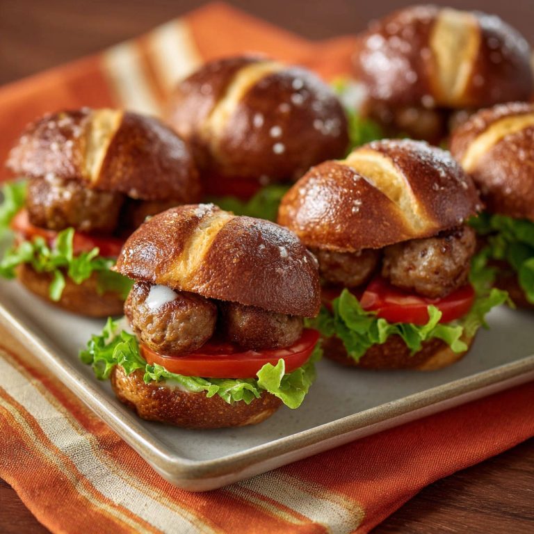 Saftige Mini-Laugen-Slider mit Frikadellen, Nahaufnahme mit Salat und Tomate auf einem Teller serviert.