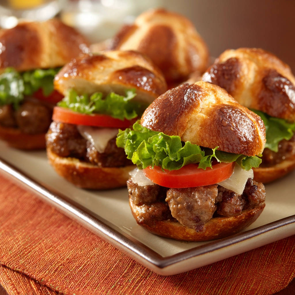 Saftige Mini-Laugen-Slider mit Frikadellen, Nahaufnahme auf einem Teller mit Tomate, Salat und Käse