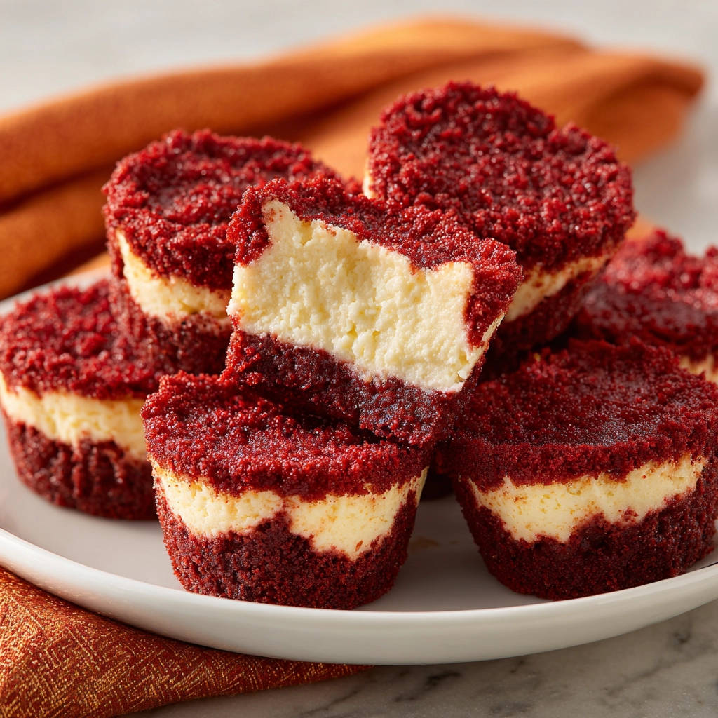 Mini Red Velvet Cheesecakes mit cremigem Kern, angeschnitten auf einer weißen Platte und mit orangenem Tuch serviert.
