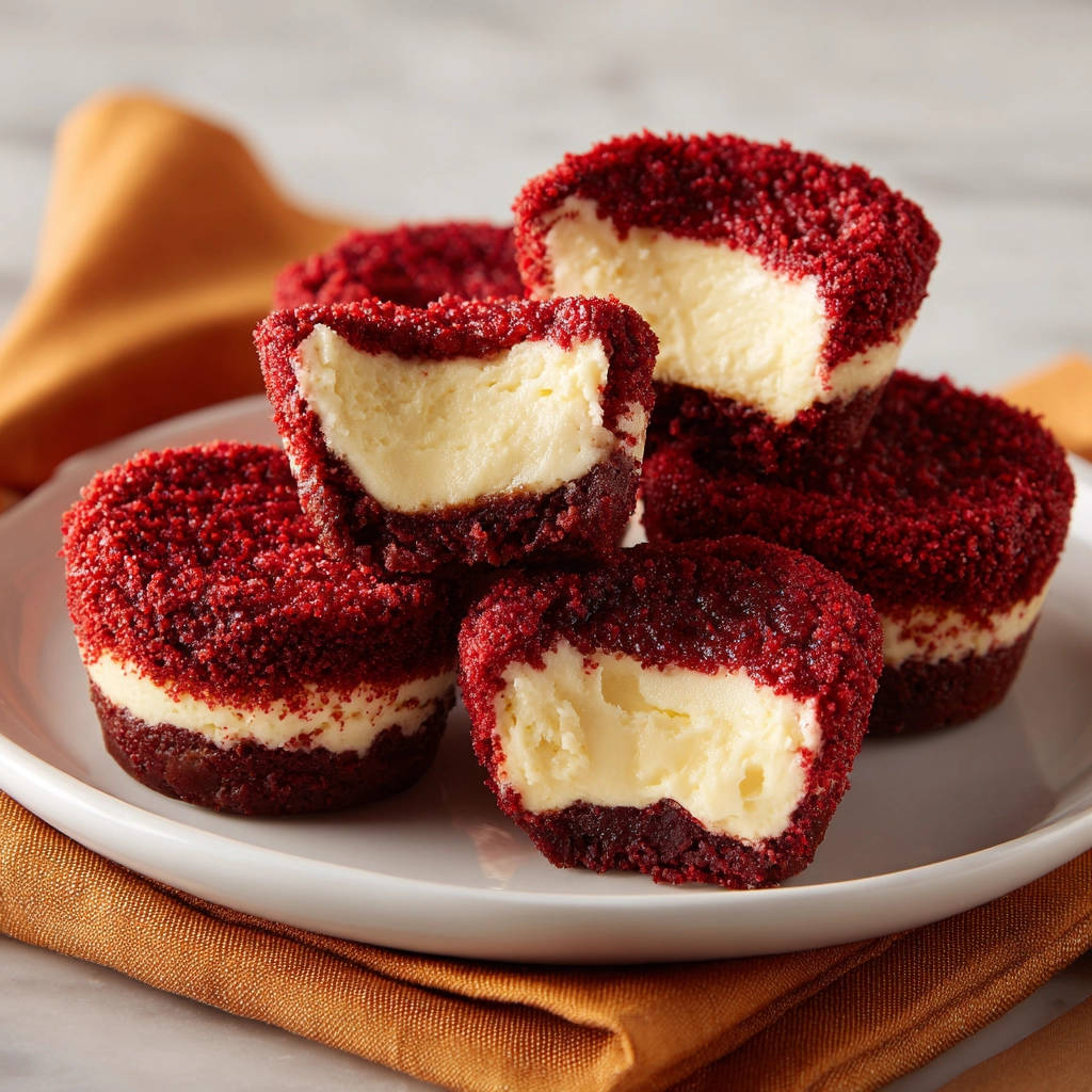 Mini Red Velvet Cheesecakes mit cremigem Kern, angeschnitten auf einem Teller serviert