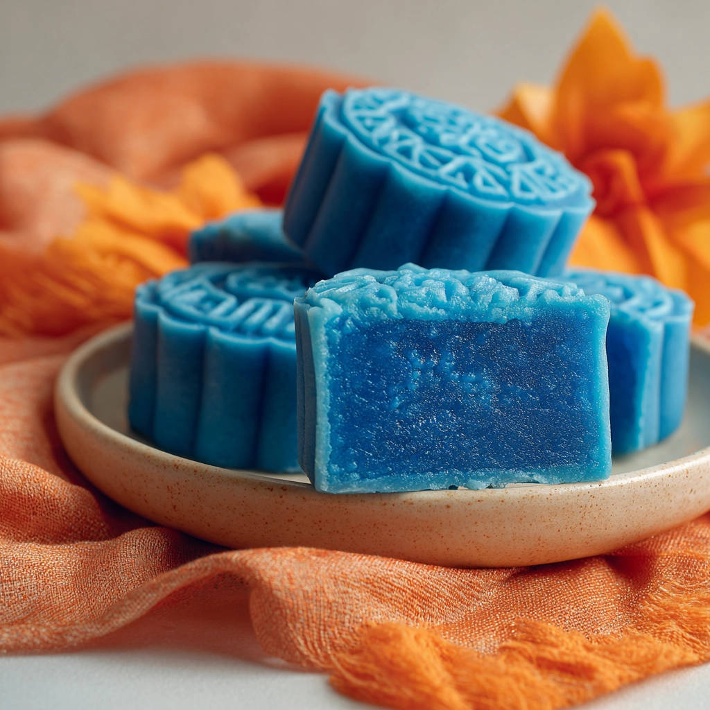 Mondkuchen mit Blauer Schneehaut, angeschnitten, zeigt das blaue Innere und die detaillierte Musterung der Oberfläche.
