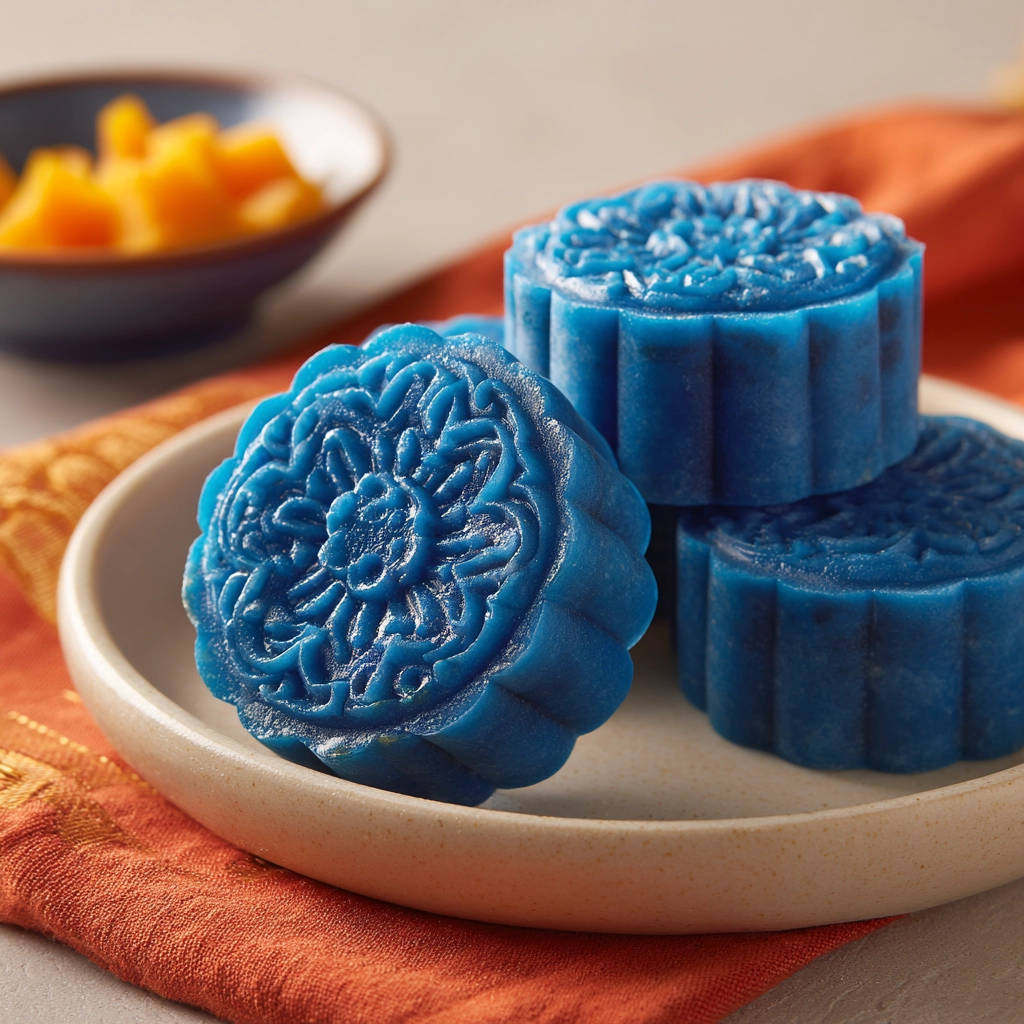 Mondkuchen mit Blauer Schneehaut, Nahaufnahme des detaillierten Musters auf der Oberseite der Mondkuchen.