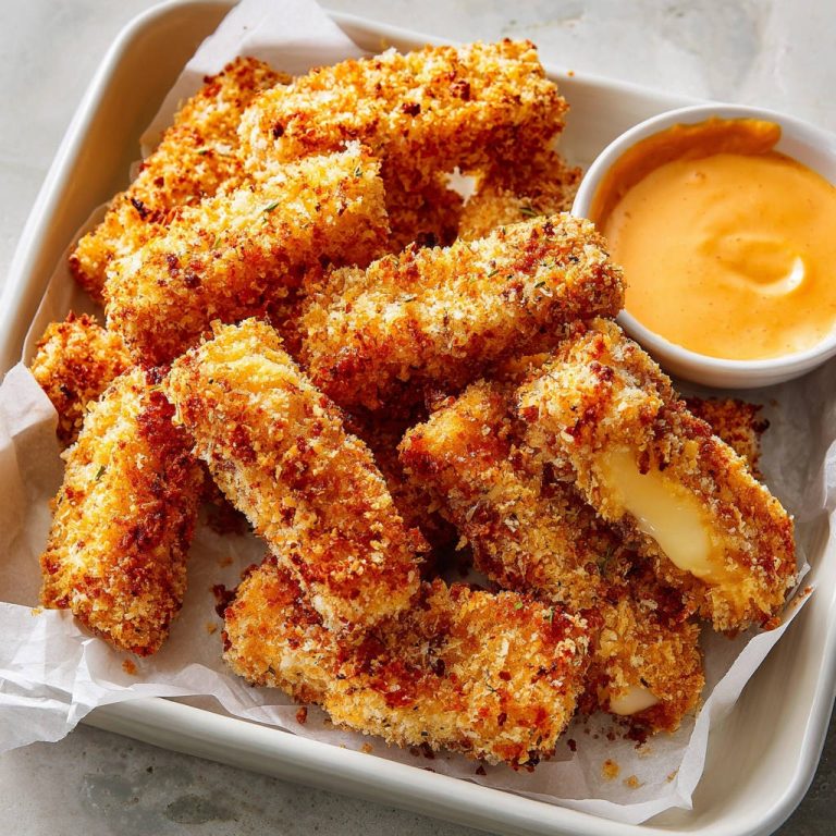 Mozzarella Sticks aus dem Ofen mit einem knusprigen Äußeren und geschmolzenem Käse im Inneren, daneben ein Dip.