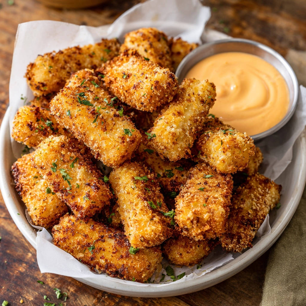 Mozzarella Sticks aus dem Ofen mit einem Dip serviert, goldbraun und knusprig gebacken.