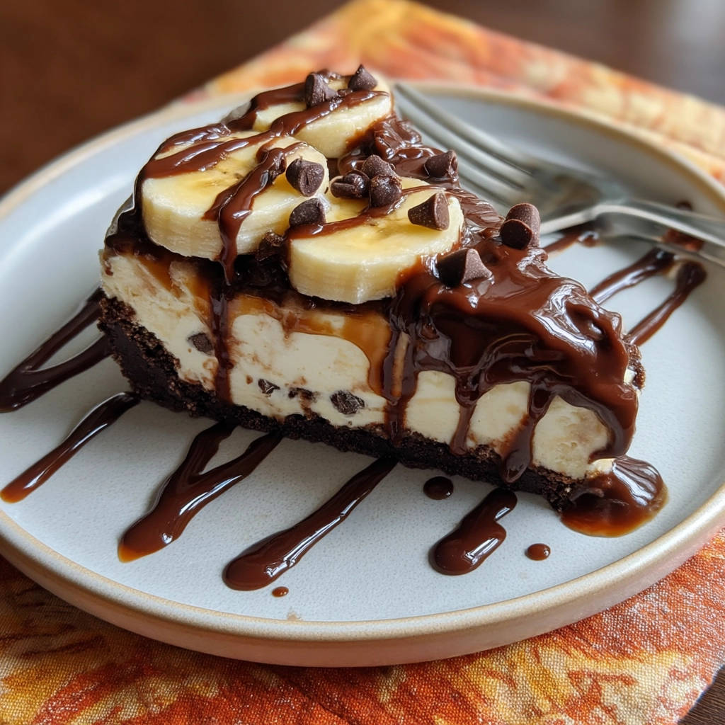 No-Bake Schoko-Bananen-Käsekuchen als angeschnittene Portion mit Schokoladensauce und Bananen garniert auf einem Teller