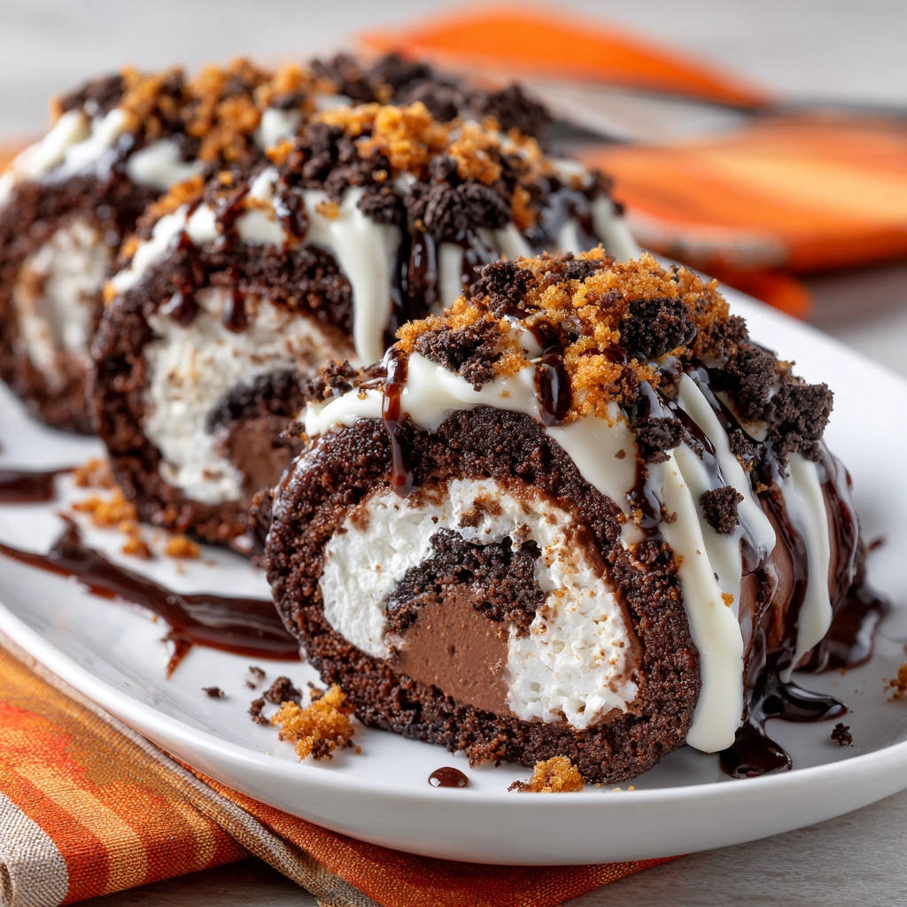 No-Bake Schoko-Keks-Rolle im Nahaufnahme-Querschnitt mit cremiger Füllung und Schokostückchen, die auf einem Teller serviert wird.