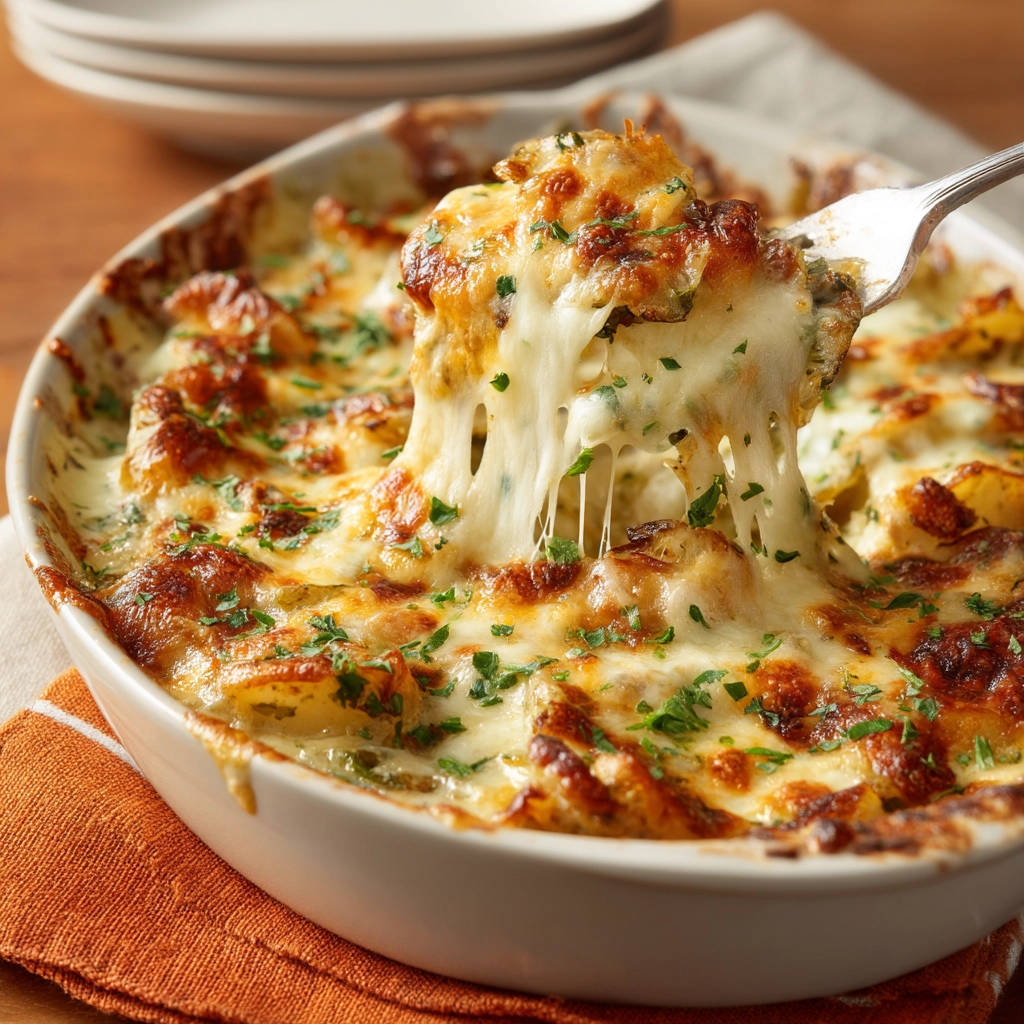 Nudelauflauf mit Käsekruste: Eine Gabel hebt eine Portion heraus, wobei der geschmolzene Käse lange Fäden zieht.