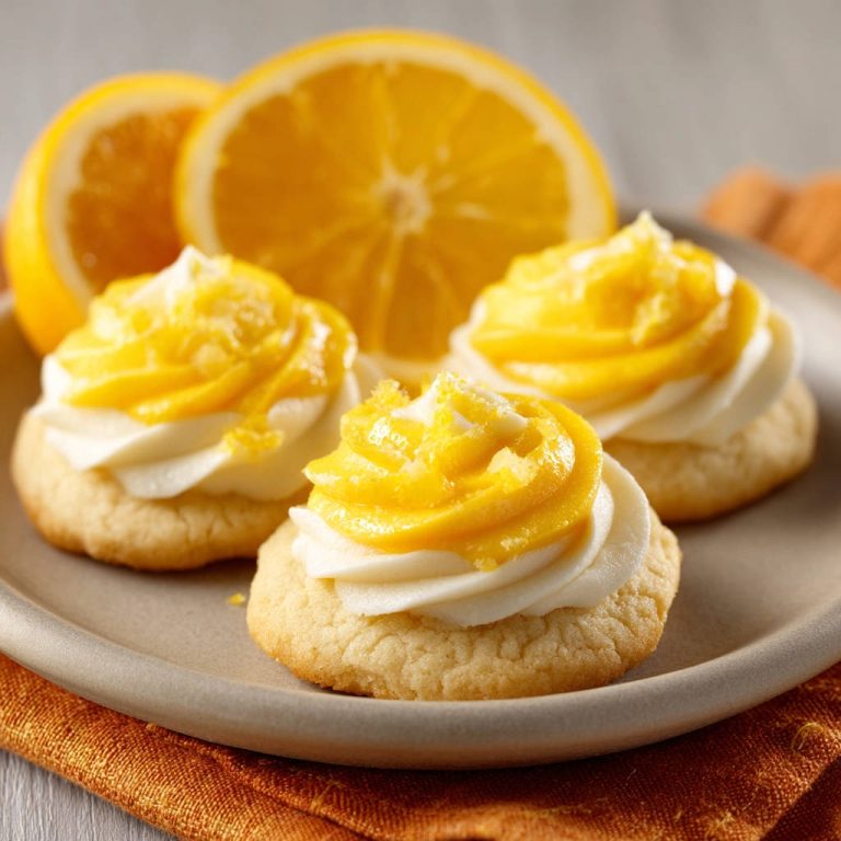 Orangen-Plätzchen mit cremigem Frosting, nahaufnahme der dekorierten Kekse mit Orangenscheiben im Hintergrund